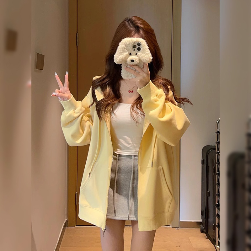 Early Spring Yellow Sweatshirt Jacket for Women 2026 New Popular Style Spring and Autumn Creamy Yellow Sports Fleece Zip-Up Cardigan Top
