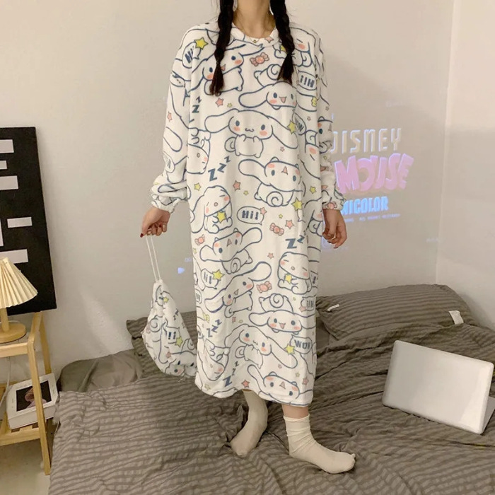 Otoño y invierno pijamas de mujer con bolsas de tela pijamas de franela caliente cuello redondo dulce camisa de coral ropa para el hogar