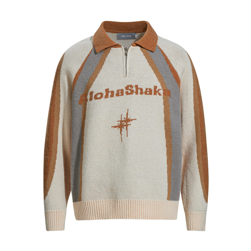 American Retro Color-Blocked Lapel Sweater Loose Men's Spring & Fall Letter Jacquard Half-Zip Cardigan Knitted Polo Shirt American Retro Color-Blocked Lapel Sweater Loose Men's Spring & Fall Letter Jacquard Half-Zip Cardigan Knitted Polo Shirt
