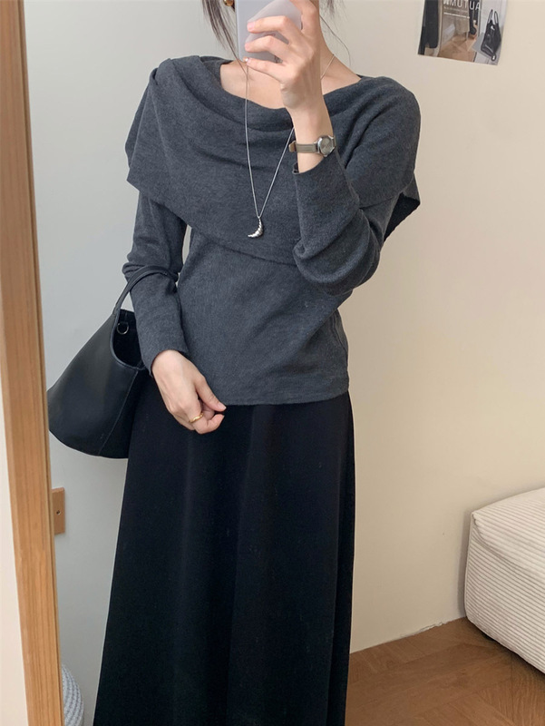 木四 秋冬设计感荡领披肩打底两件套女装针织衫显瘦长袖上衣M6694|undefined
