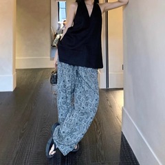 デザインVネックホルターネックブラックベストサスペンダーレディースサマーカシューフラワーストレートパンツカジュアルパンツ2点セット