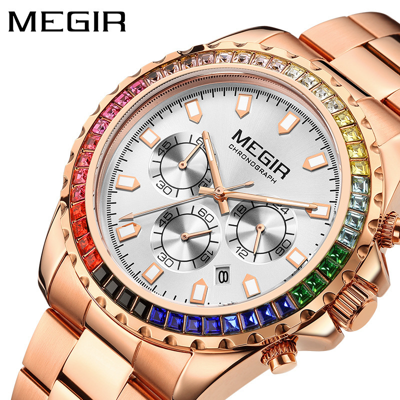 Orologio da uomo al quarzo con lunetta arcobaleno tempestata di diamanti, impermeabile e con calendario luminoso._voghion.com