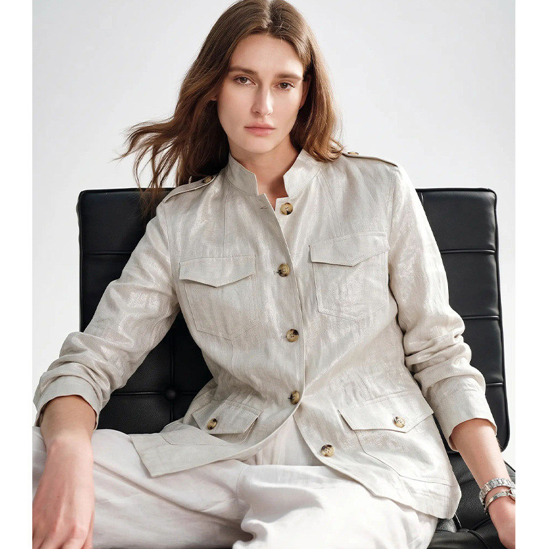 【Elegant Order】Women's Stand Collar Long Sleeve Linen Work Jacket 2026 Autumn New Single-Breasted Versatile Jacket 【Elegant Order】Women's Stand Collar Long Sleeve Linen Work Jacket 2026 Autumn New Single-Breasted Versatile Jacket