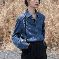 蓝色牛仔衬衫女2025秋季新款韩版叠穿设计感复古港味宽松长袖上衣