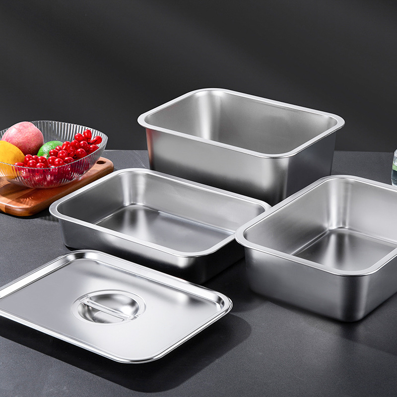 Stainless steel flat bottom square pot, rectangular with lid, thickened tray, deep square plate, extra large self-service dinner pot, deep fryer pot