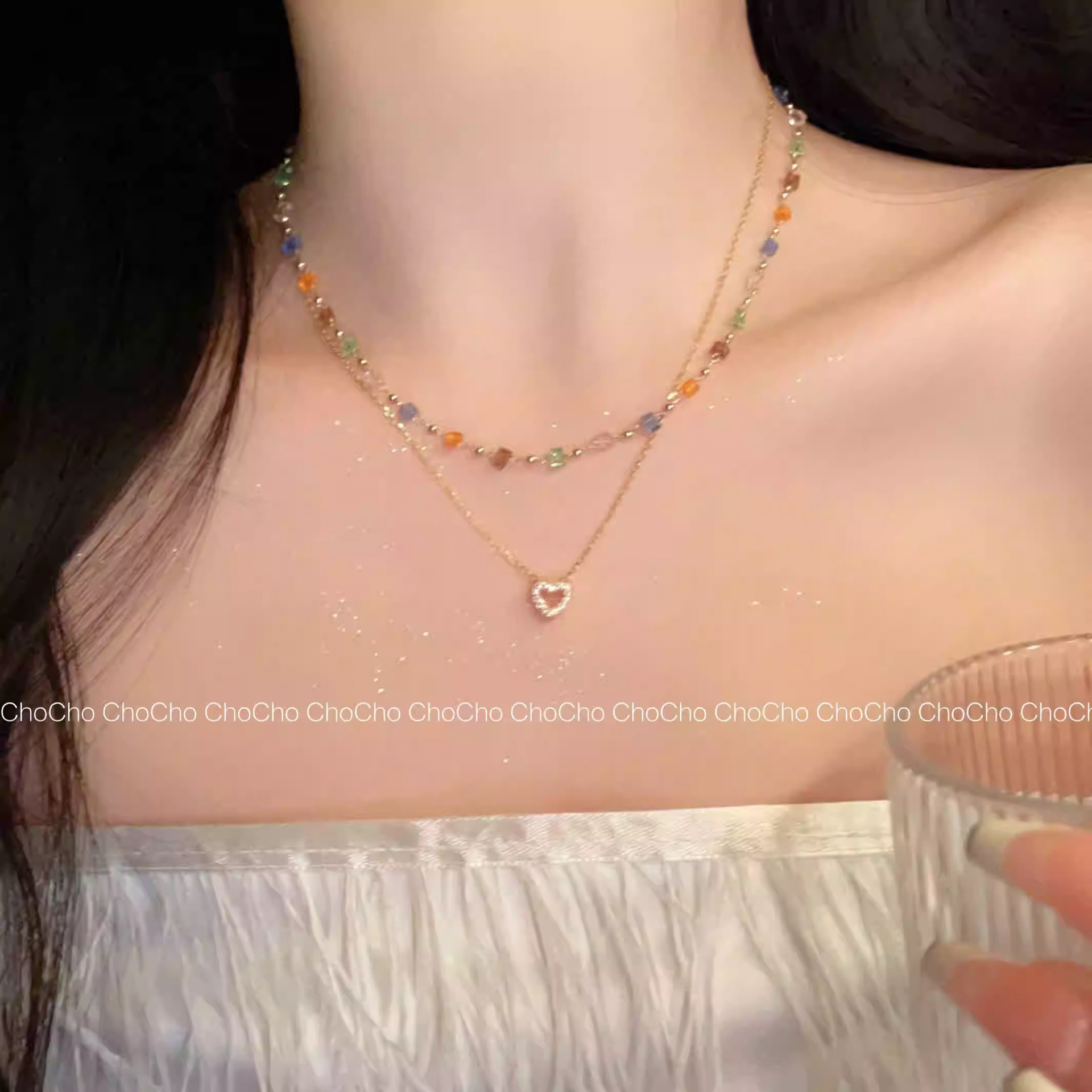 Ins Colorful Beaded Heart Necklace for Women, Summer Niche Design, Layered Neck Chain, Clavicle Chain Accessory, Beaded Layering