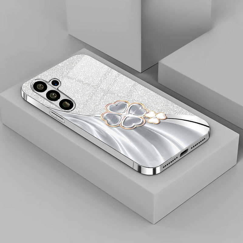 For Samsung Galaxy S25 Mobile Phone s23plus Electroplated Silver Glass s24ultra Sparkling Four-leaf Clover For Samsung Galaxy S25 Mobile Phone s23plus Electroplated Silver Glass s24ultra Sparkling Four-leaf Clover