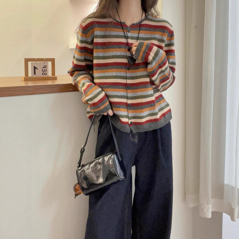 European Style Rolled Collar Loose Knit Cardigan Top Fashionable Women's Colorful Striped Single-Breasted Long-Sleeve Sweater for Women