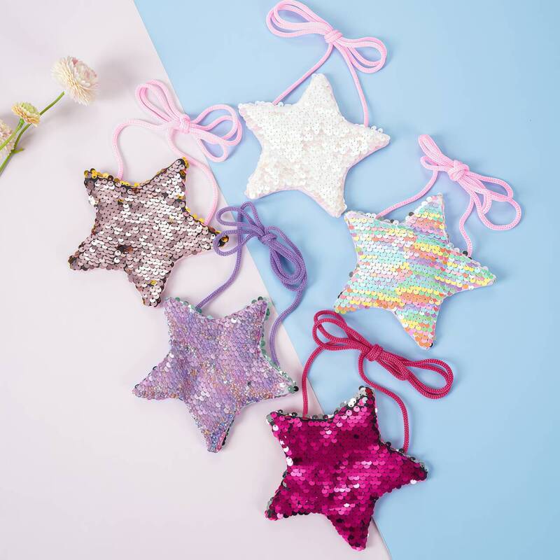 Five-Pointed Star Sequin Lanyard Coin Purse Small Wallet Children's Cute Cross-Body Small Bag Two-Color Sequin Coin Purse for Women