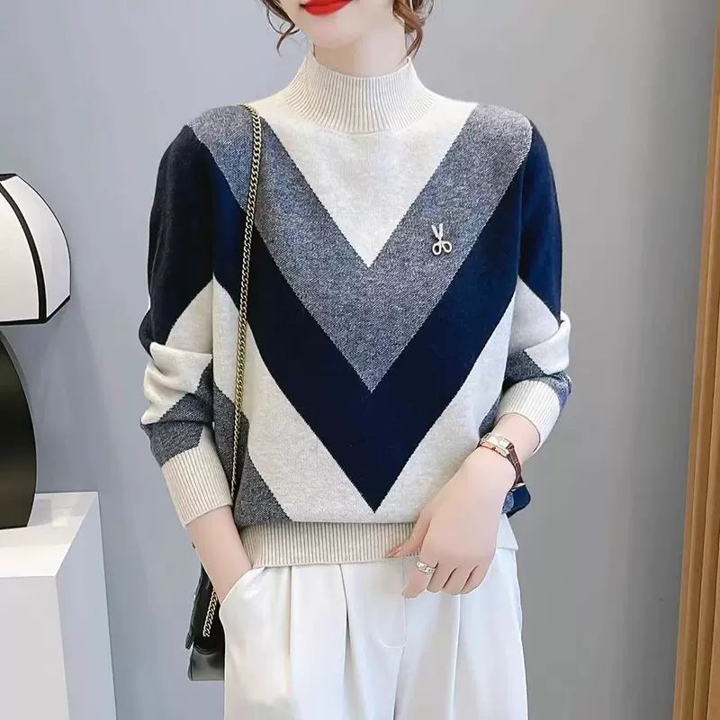 半高领毛衣女2024秋冬新款时尚宽松针织衫洋气加厚内搭拼色打底衫