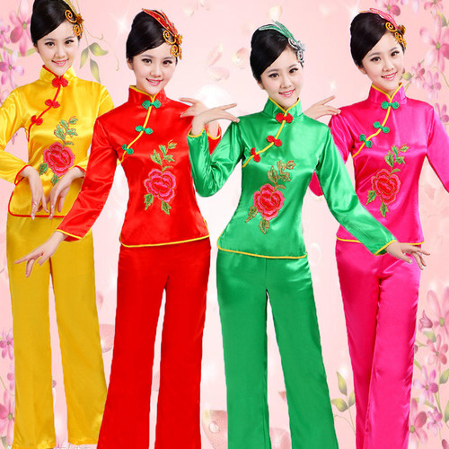 Women chinese folk dance costumes red green fuchsia umbrella fan dance dresses Yangko suit adult female waist drum suit performance fan dance suit