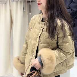 新中式提花棉服女2024冬季新袖口拼接毛毛复古风夹棉外套女氨纶
