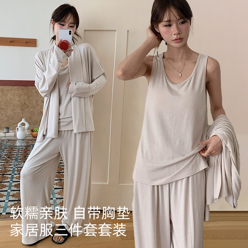 Casual style home wear set, mousse velvet with chest pads, three-piece set, autumn and winter loose wide-leg women's pajamas