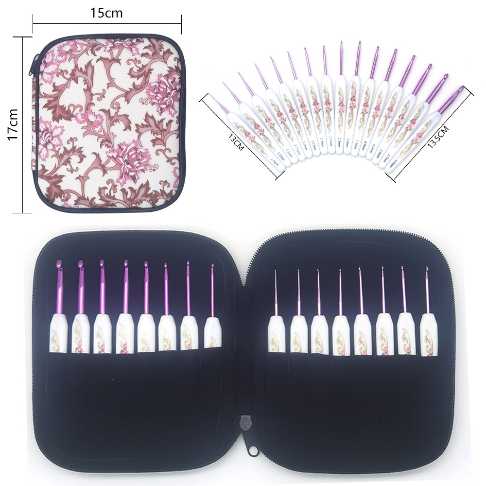 Herramientas de tejido de agujas de suéter transfronterizas ABS mango plástico impresión de agujas de poliestireno un conjunto completo de 16 piezas delgadas a gruesas