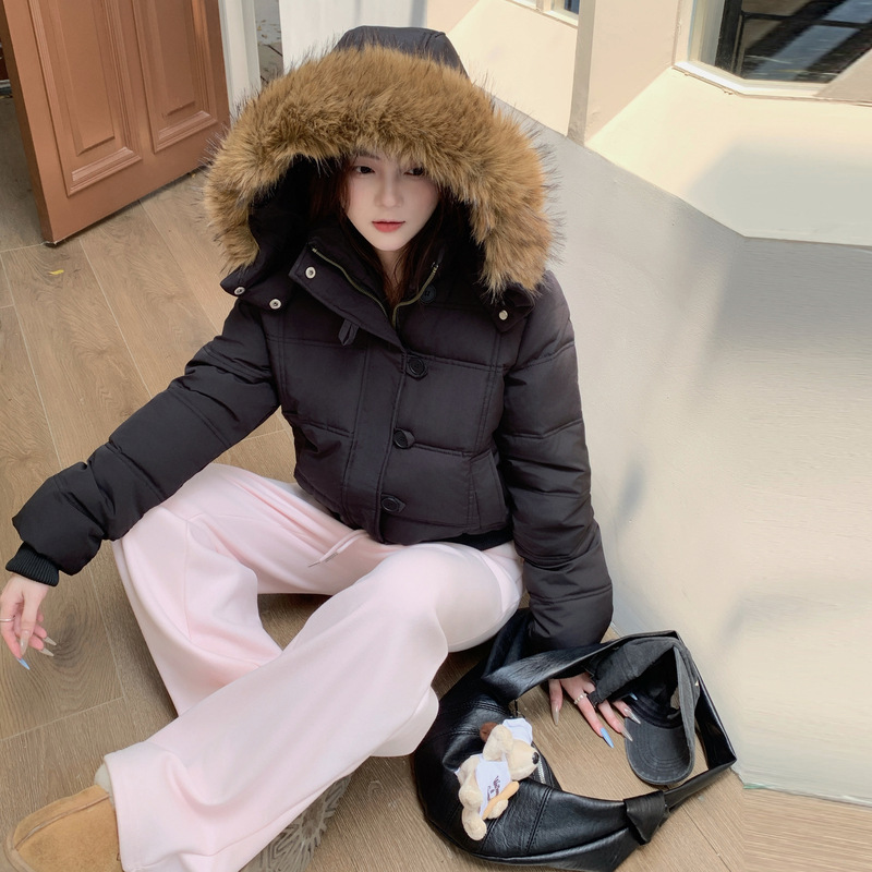 冬季百搭藏青色连帽毛领短款棉衣棉袄女新款保暖加厚羽绒棉服外套|undefined