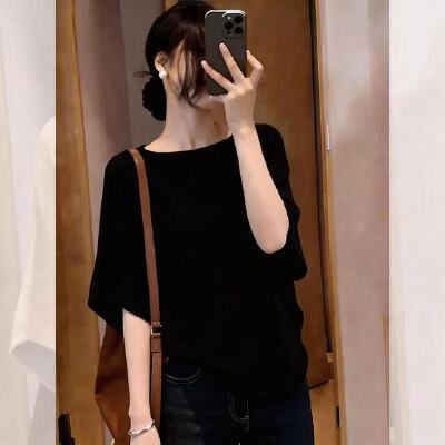 Áo thun dệt kim tay ngắn nữ phong cách thời trang, form rộng thoải mái — màu đen