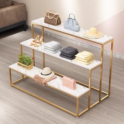 商场高中低三层置物架鞋店包包大理石流水台轻奢铁艺展示架服装店|ms