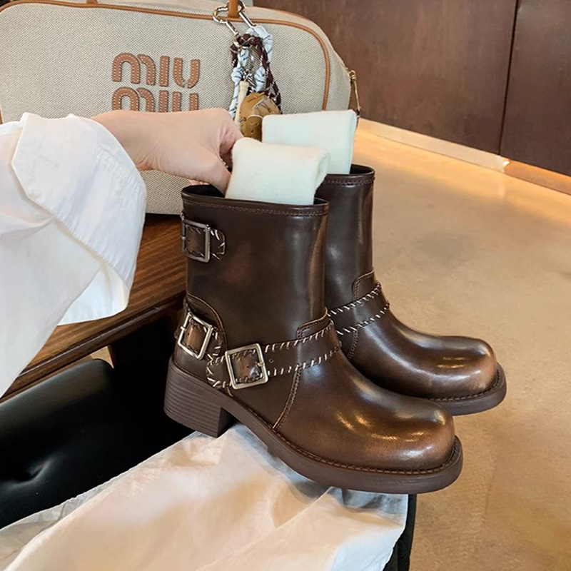Grava madre nuevo retro abrazadera de cinturón de polvo de color viejo tacones gruesos locomotora británico botas cortas nuevas mujeres image 4