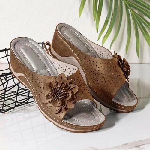 Summer Wish Women's Shoes Large Size Open-Toe Sandals Women's Woven Flower Block Heel Slippers