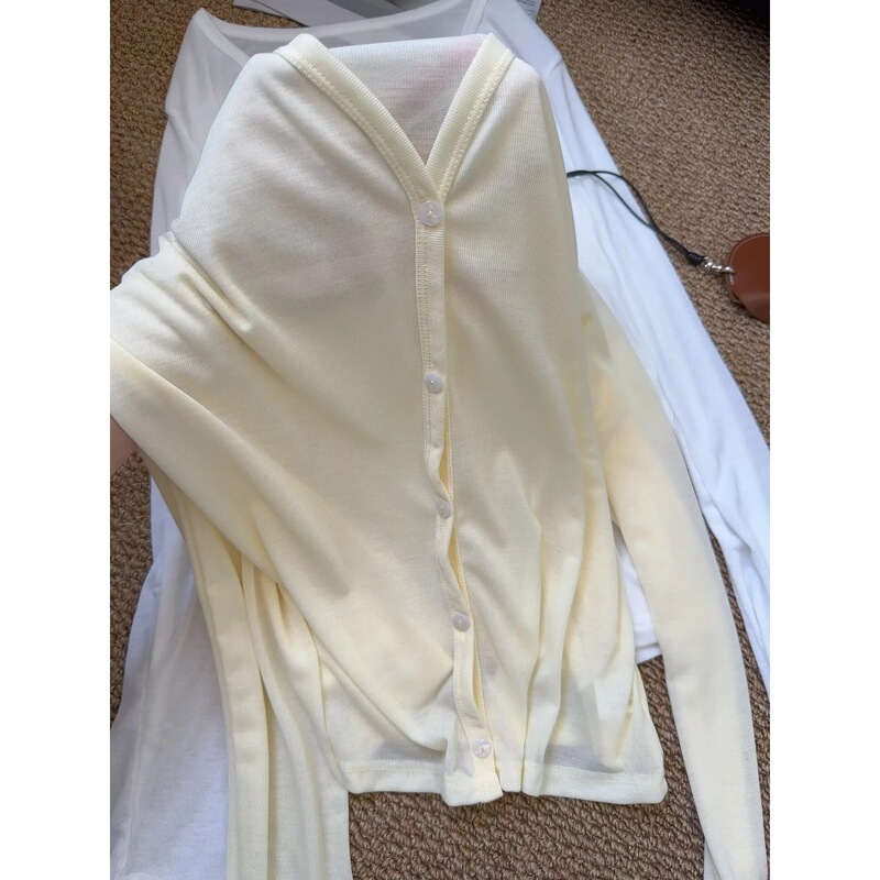 Creamy Yellow Tencel Sun-Protective Cardigan for Women, Spring and Summer Thin Style, V-Neck, Slightly Sheer, Long-Sleeve, Relaxed Fit, Slimming Outerwear Creamy Yellow Tencel Sun-Protective Cardigan for Women, Spring and Summer Thin Style, V-Neck, Slightly Sheer, Long-Sleeve, Relaxed Fit, Slimming Outerwear