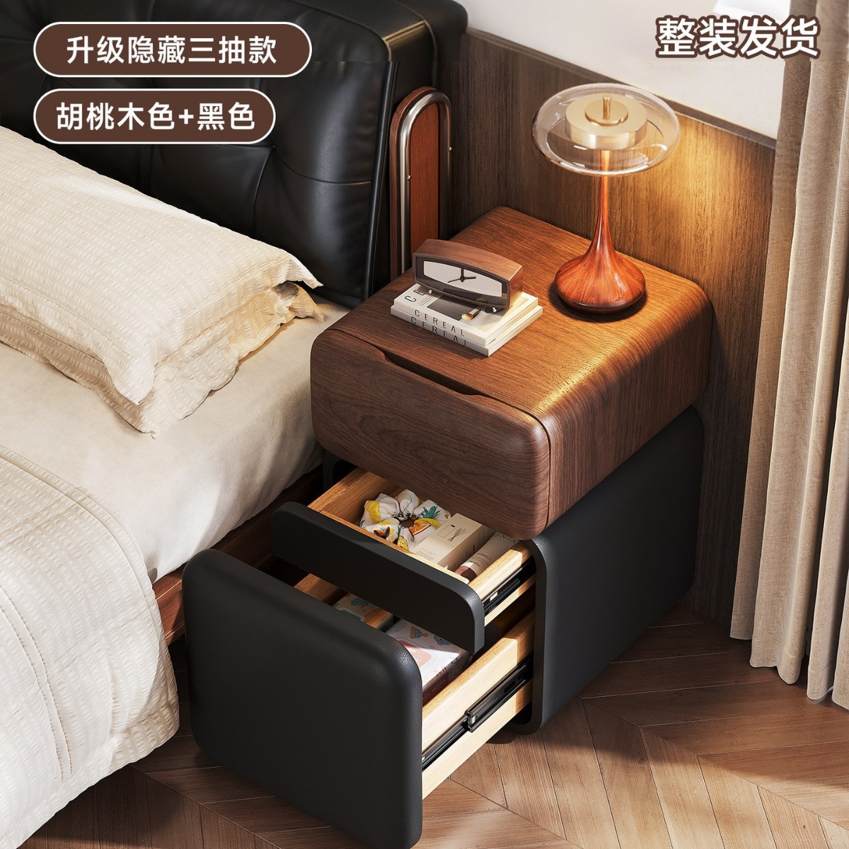 Mesa de cabecera ultra estrecha dormitorio doméstico 2026 explosión estilo medieval madera maciza pequeña cabecera estante gabinete de almacenamiento