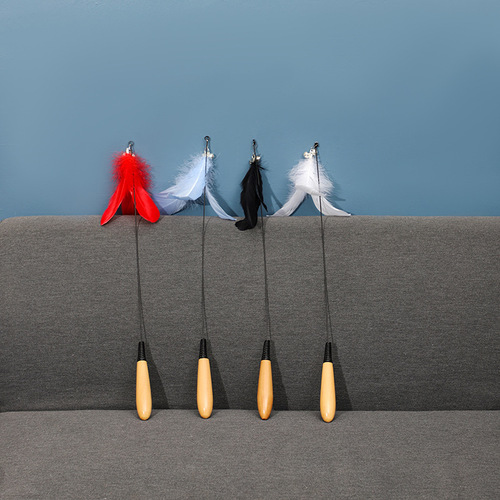 Wooden Handle Telescopic Carbon Fiber Wand Cat Toy with Colorful Feather Bell Balls Pet Supplies Cat Toy