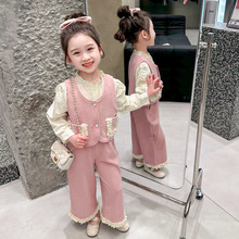 女童春秋季2025新款三件套装女宝宝韩系时髦套装马甲+衬衫+裤子