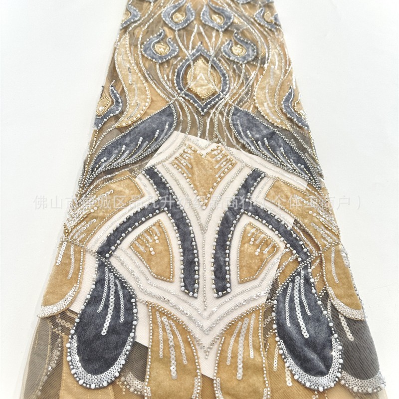 Lujo ligero vestido de boda de alta fijación cena de moda tela bordada de perlas nueva tela bordada de perlas fibrillado láser