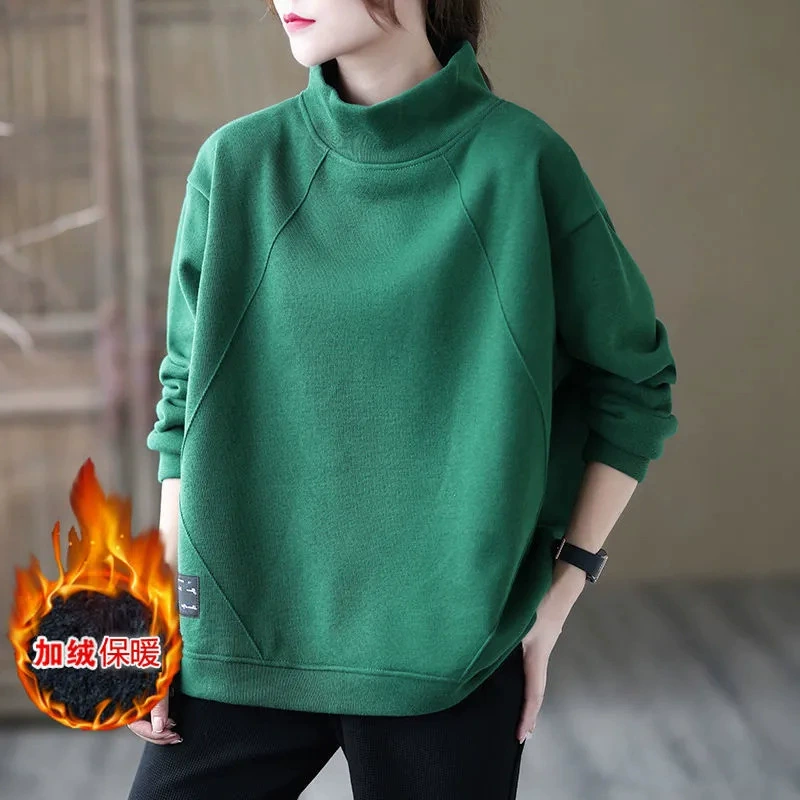 Толстовка женская осень-зима 2024 половинный воротник плюс бархатный толстый большой размер свободный ретро с длинными рукавами теплый женский топ
