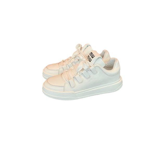miu Genuine Leather White Shoes 2023 Summer New All-match Round Toe Lace-up Thick Sole Height-increasing Shoes for Women Casual