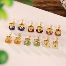 壹鹿银S925纯银镀金和田玉碧玉南红血珀青金石蜜蜡如意钱袋银耳钉