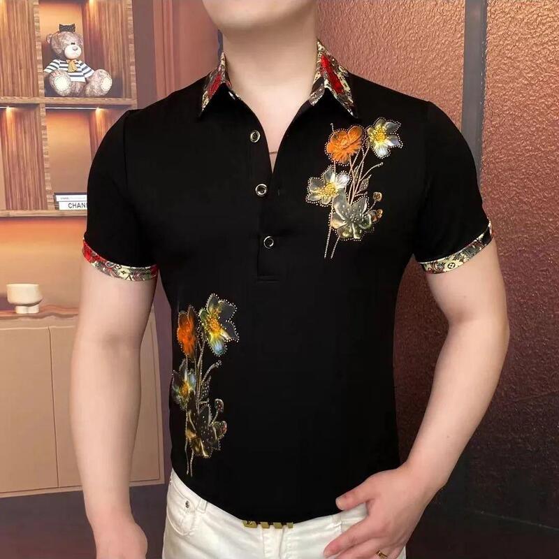 Floral Wave Polo Shirt Short Sleeve Men's Fashion Trend Slim Fit Turn-Down Collar Stylish Casual Summer T-Shirt