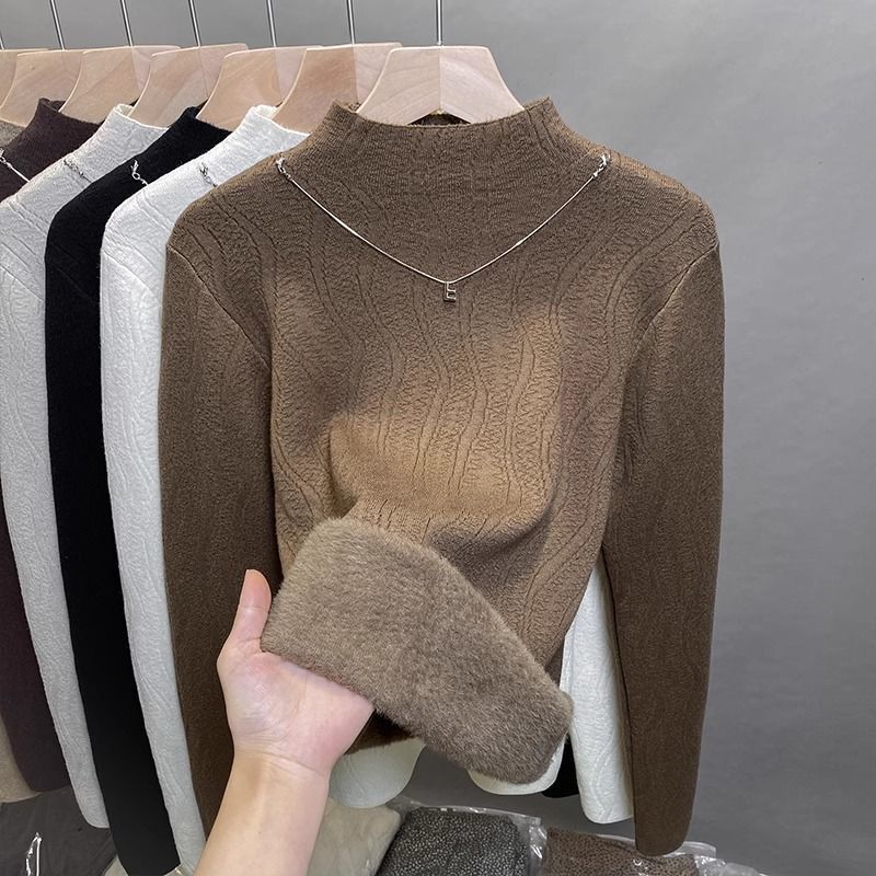 Damen-Fleece-gefütterter Strickpullover – Halbhoher Rollkragen, dickes Winter-Thermooberteil (Weiß, Schwarz, Beige, Khaki, Grau, Rot, Camel, Braun)_voghion.com