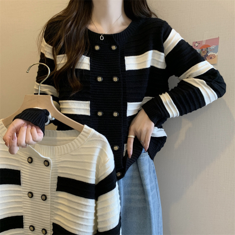 Plus size women's clothing French contrast color striped long-sleeved bottoming shirt women's autumn and winter chubby girl slim slimming lazy knitted top