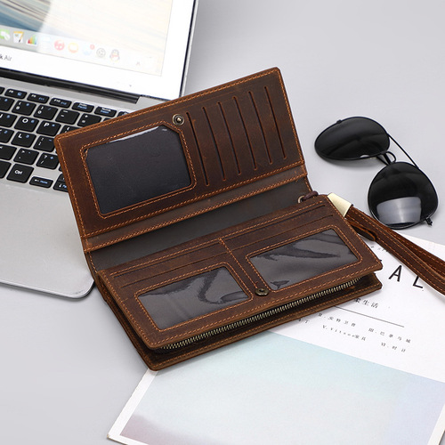 Men's Clutch Crazy Horse Leather Long Wallet Zipper Business Clutch Bag Genuine Leather Clutch Men's New Style