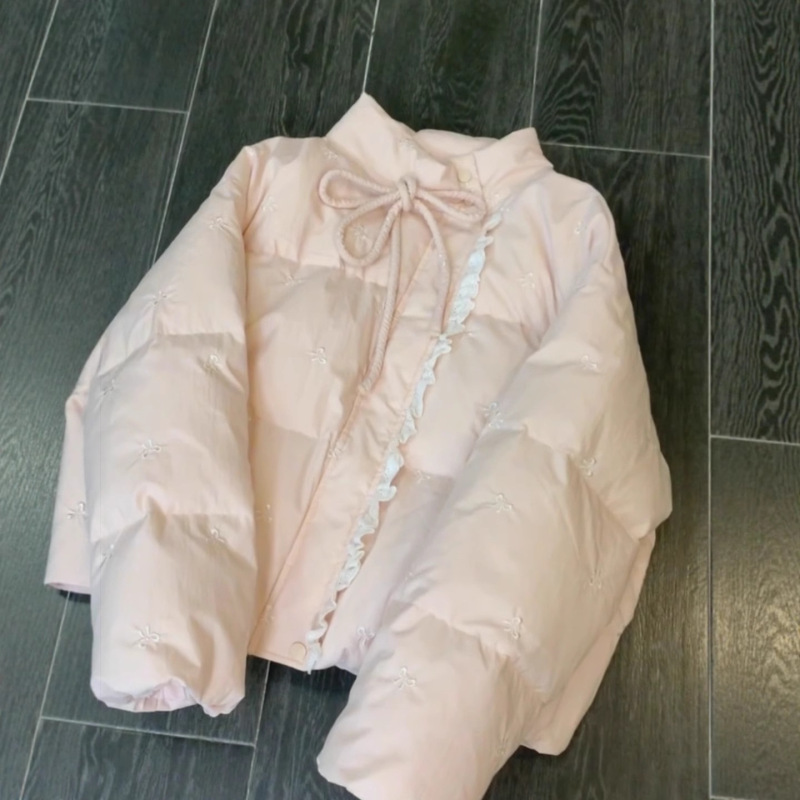 蕾丝拼接棉服外套女2025年新款冬季韩系感粉色蝴蝶结系带棉衣|undefined
