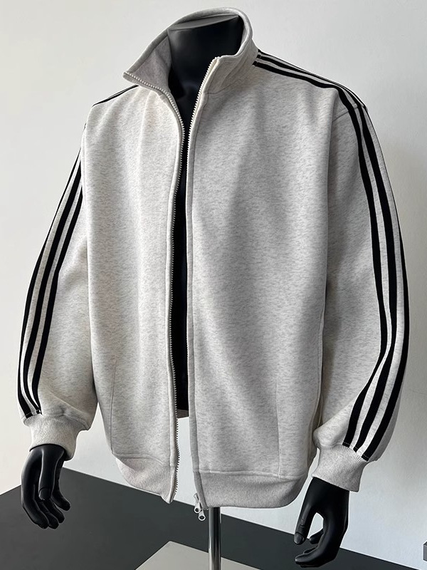 Spring and Autumn Three-Bar Zipper Cardigan Sweatshirt Men's Stand-Up Collar Casual Trendy Brand Sports American High Street Hooded Youth Jacket