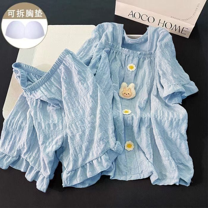 Venta al por mayor transfronteriza de verano con almohadilla para el pecho pijamas de algodón de nube pantalones cortos de manga corta para mujer estilo palacio conejo color sólido traje de servicio a domicilio