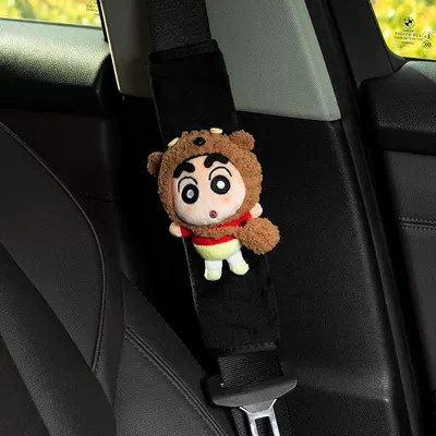Seat belt shoulder pad: Car Interior Accessory - button-bear-hat-brown-bag-crayon-shin-chan-black-velvet-shoulder-pads-hand-sewn-no-specifications