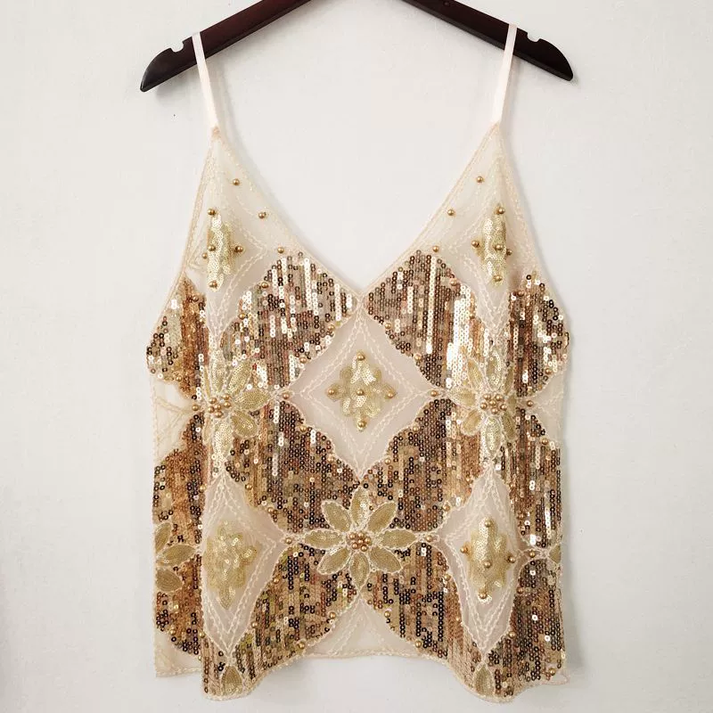 Уникальная летняя женская майка с тяжелыми блестками и бисером, сексуальная утягивающая короткая майка с V-образным вырезом, стильный и чистый стиль желания.