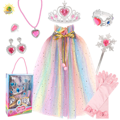 Vicky's Fairy Tale New Children's Girl Playing Queen's Cloak Scepter Crown Princess Bag Necklace Earrings Ring