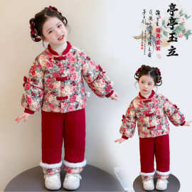 汉服女童加绒国风套装冬季儿童中式拜年衣服女宝宝喜庆过新年衣服