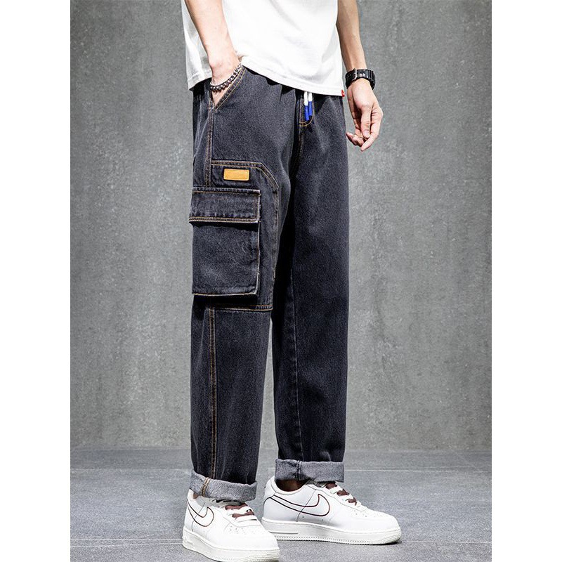 Vaqueros sueltos de tamaño grande, pantalones de trabajo de tendencia masculina versátiles, primavera de 2023 nueva moda recta, hombre gordo aumentado