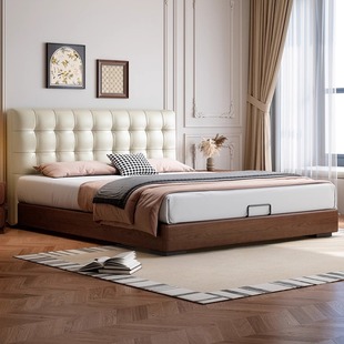 Italian Minimalist Waffle High-End Solid Wood Bed, Antique Style Ash Wood Leather Bed, Master Bedroom Double High Box Storage Bed