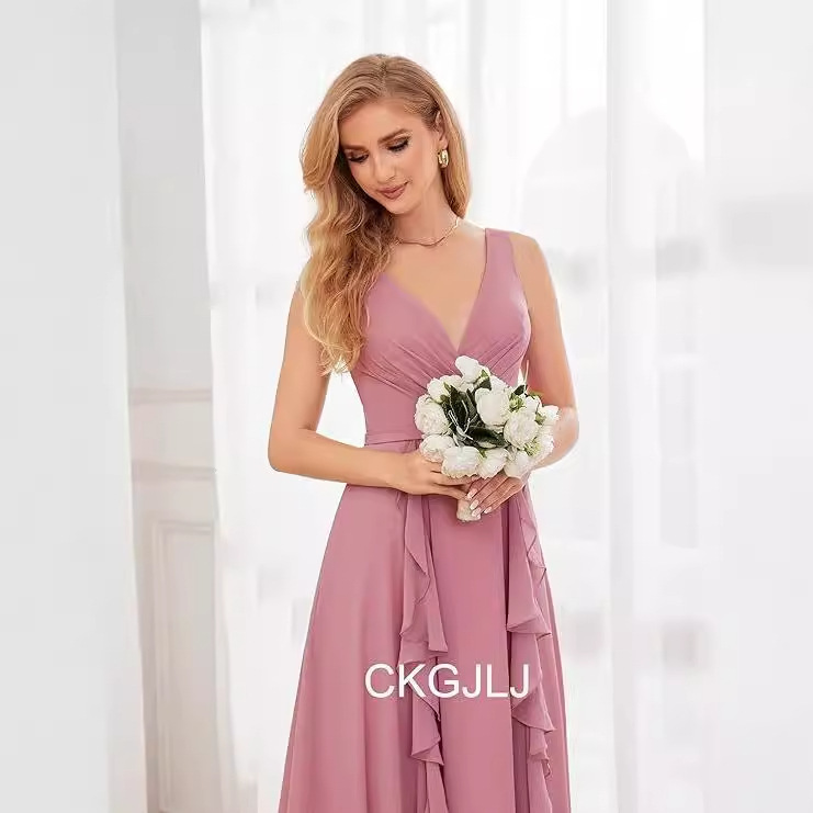 Amazon V-neck chiffon wedding bridesmaid dress lady long ruffle hem formal evening dress party dress