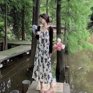 Plus Size New Ink Print Suspender Dress Women's Gentle Retro Elegant Floral Long Skirt Sun Protection Cardigan Suit