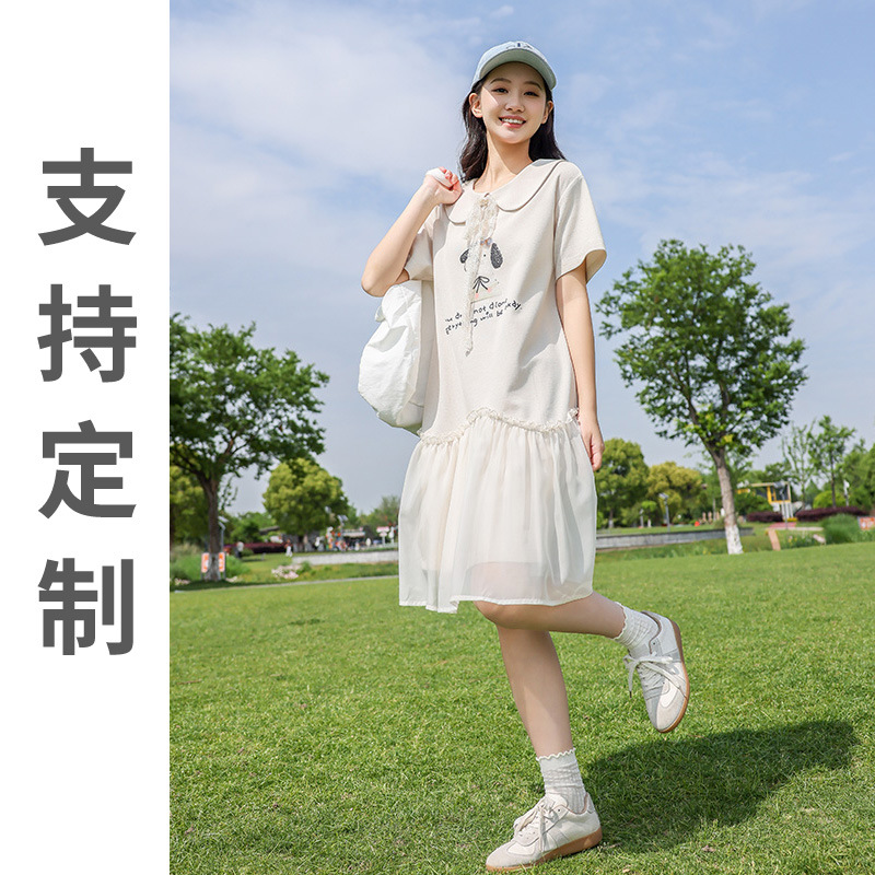 连衣裙夏装2025新款少女甜美洋气假两件大童初高中生网纱裙25380