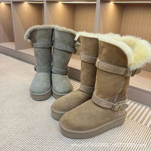 Sangpo New Thick-Soled High-Top Knight Wool Boots with Leather Buckle, Sheepskin Integrated Iron Buckle High-Top Women's Snow Boots
