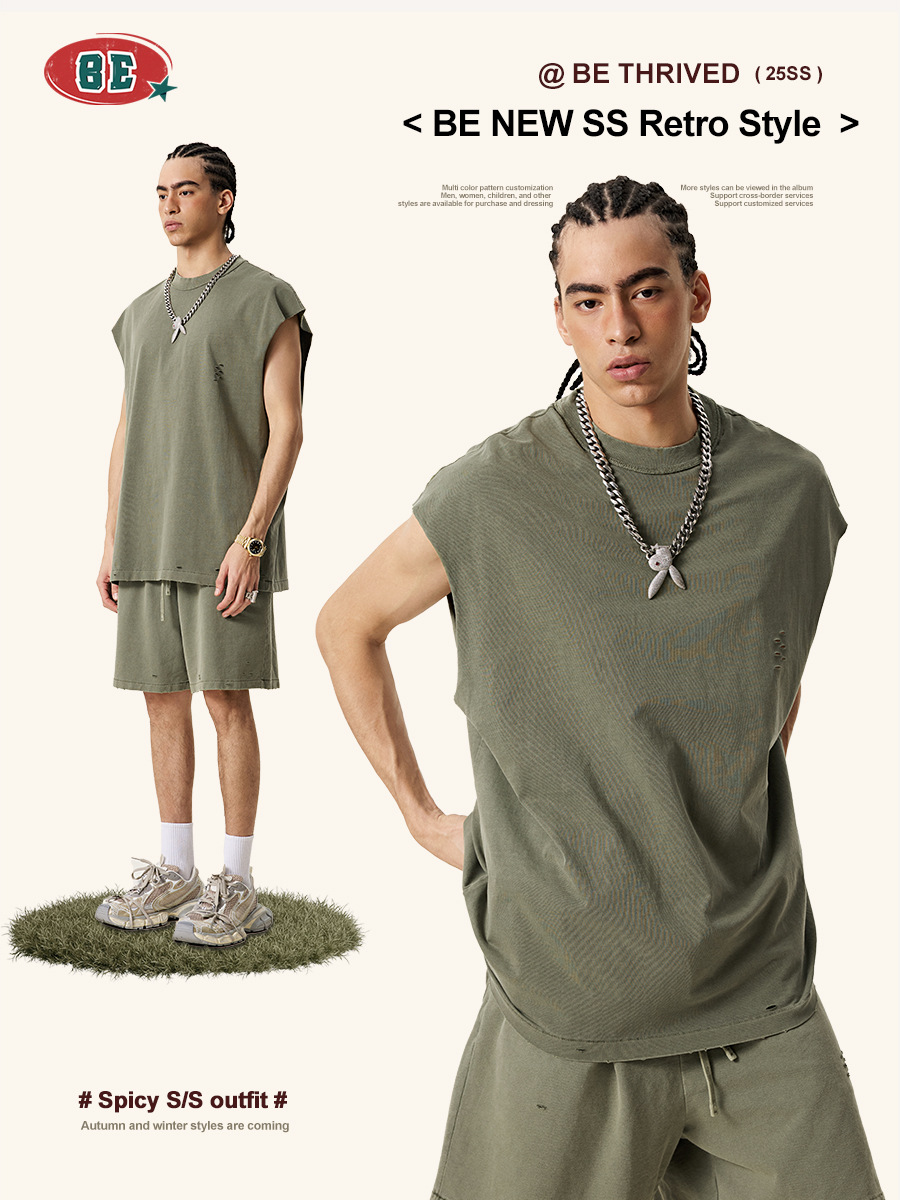 Be Hombres| 2025 verano compradores europeos y estadounidenses marca de moda desgastado algodón sin mangas agujero neutro chaleco de hombro para hombre