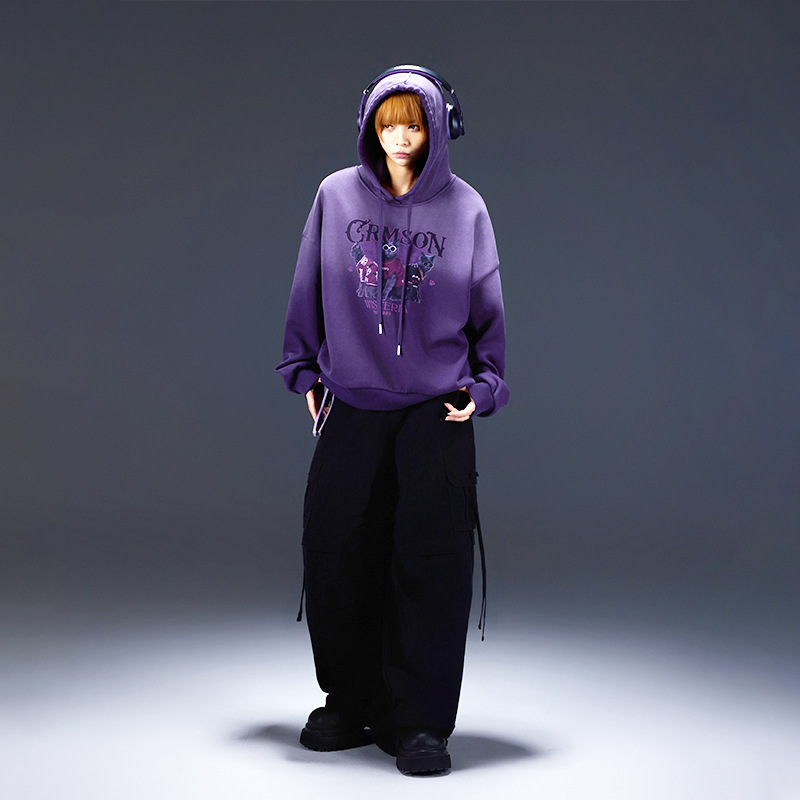 Tuogu Trendy Brand Hooded Velvet Sweatshirt for Women in Autumn and Winter New Loose Design Distressed Printed Pullover Top for Women